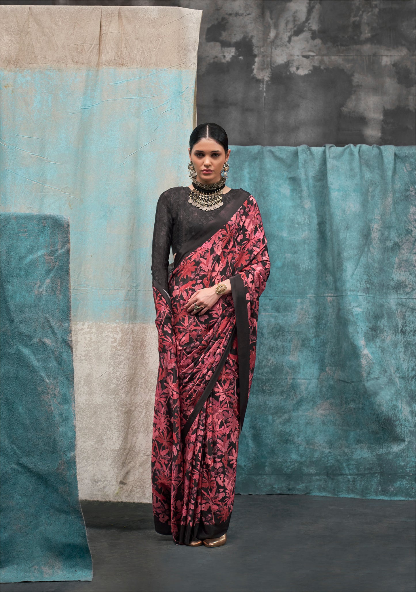 Deep Red Kernia's Printed Pure Silk Crepe Saree