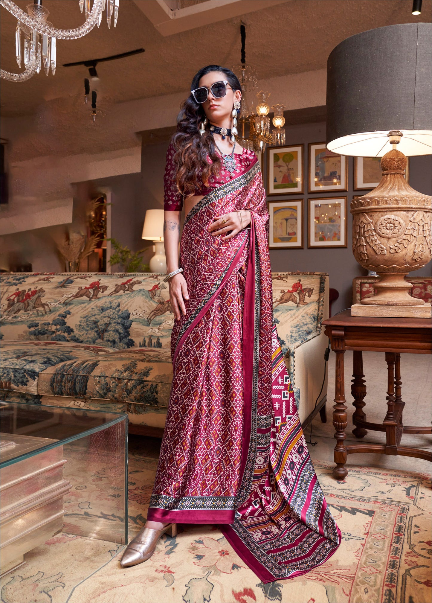 Red Konzai Satin Crape Saree With Digital Patola Prints