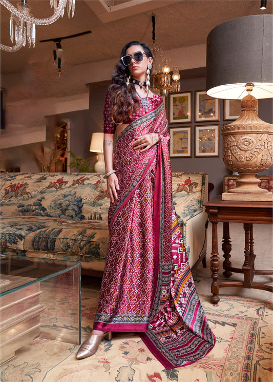 Red Konzai Satin Crape Saree With Digital Patola Prints