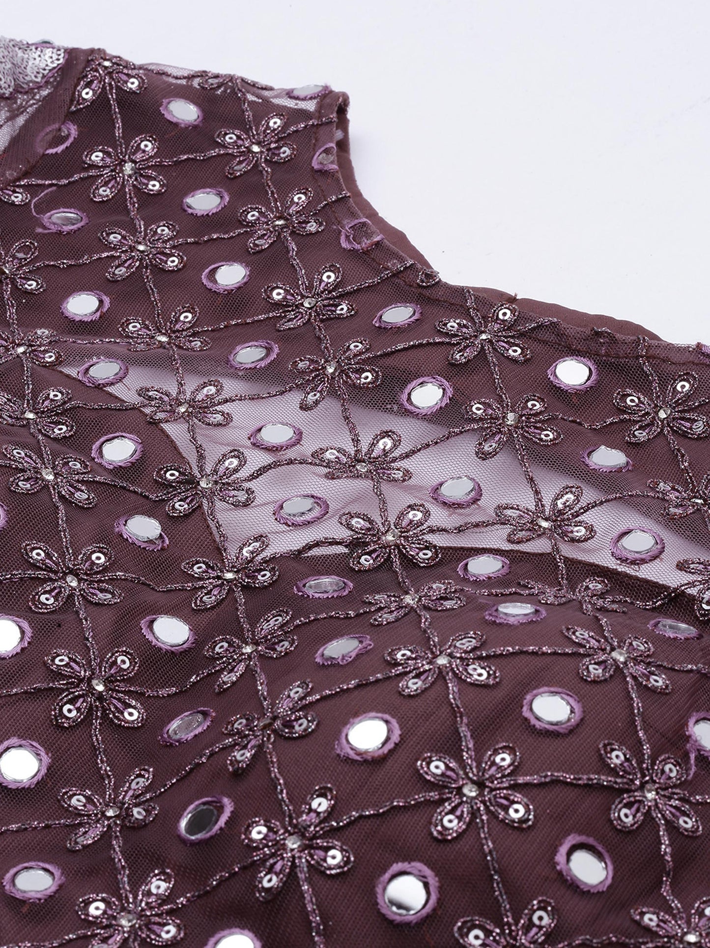 Burgundy Net Semi Stitched Coding, Sequins and Mirror work Lehenga Choli