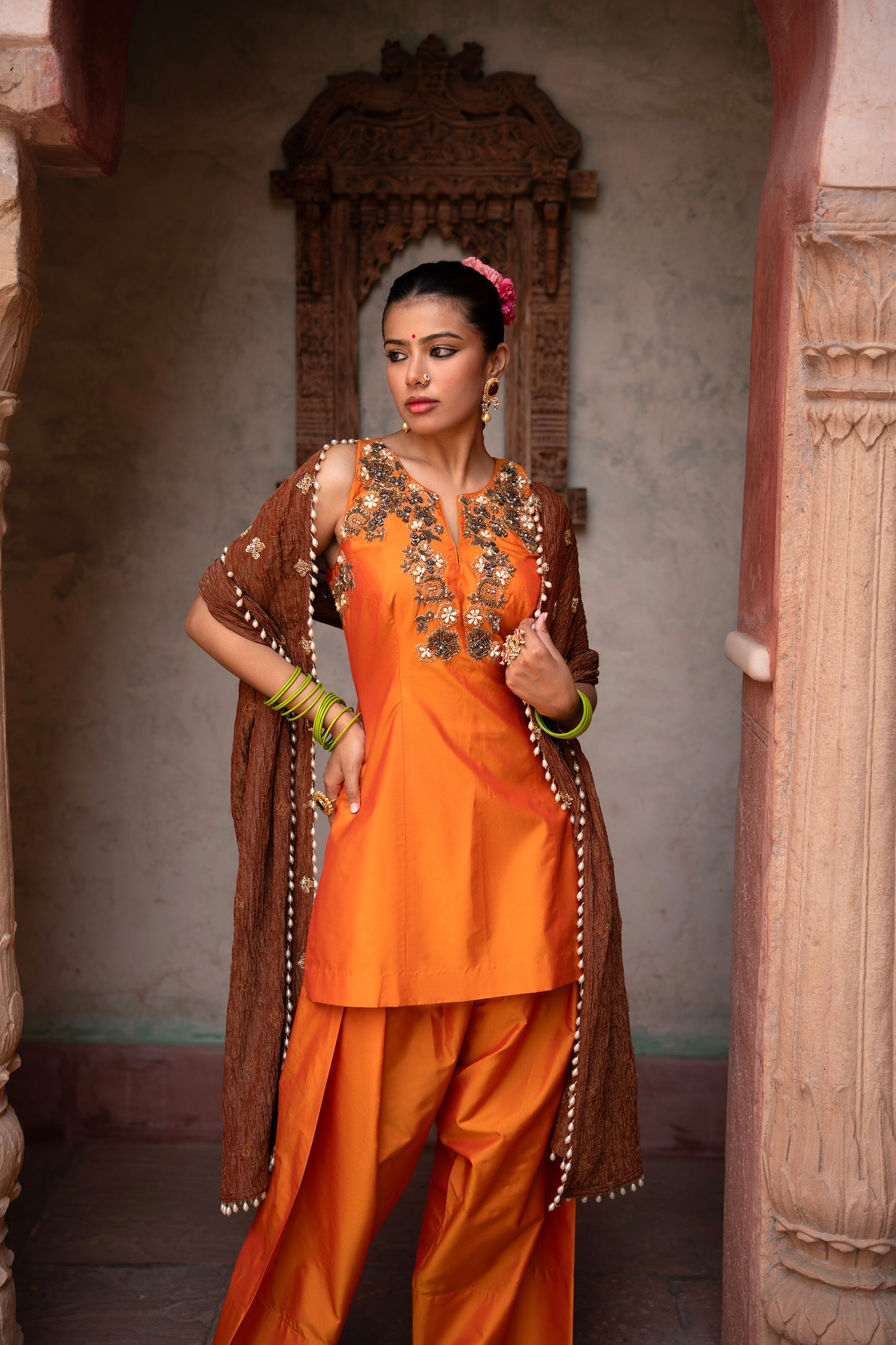 Kesariya Noor Hand-Embroidered Farshi Set
