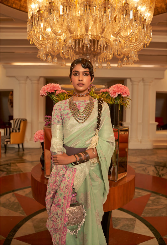 Light Green Keerat Silk Modal Kashmiri Saree