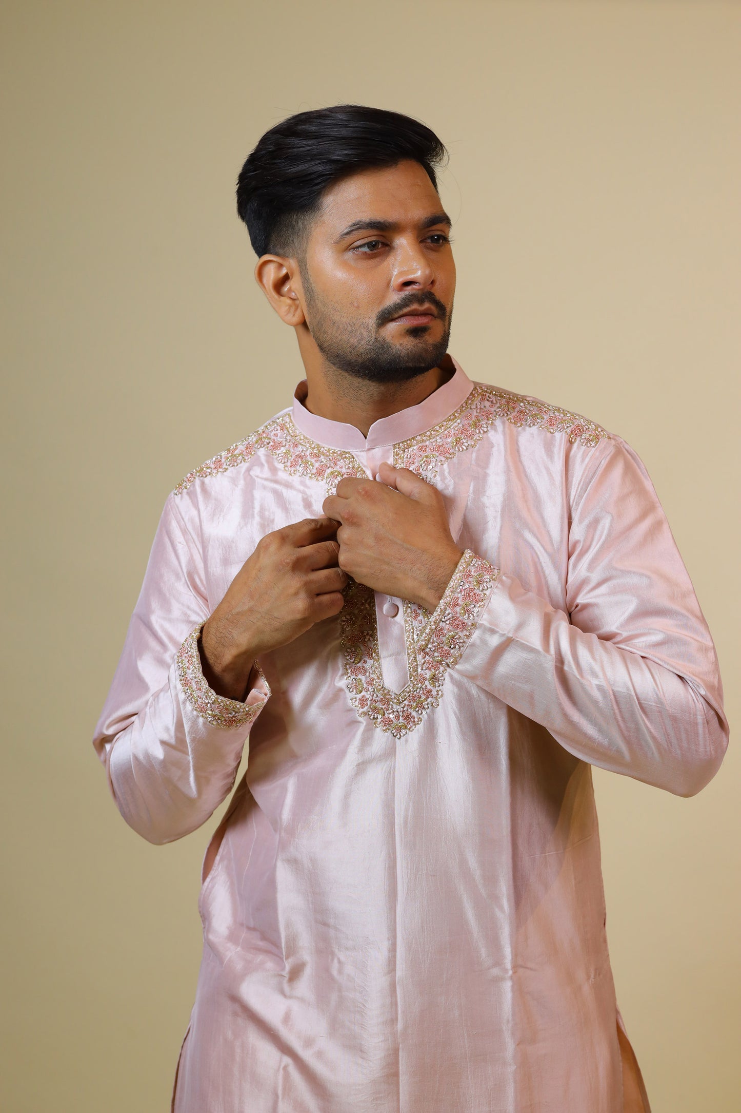 Pink Dupion Silk Intricate Embroidered Festive ( only Kurta )