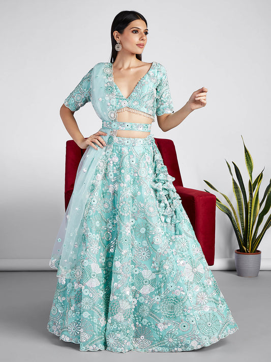 Turquoise blue Organza Sequins, Zarkan and thread embroidery Lehenga