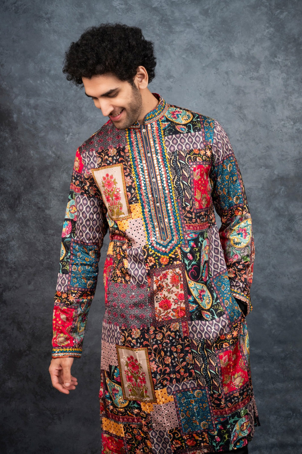 Multicolour splendid silk kurta set with resham embroidery and mirror work