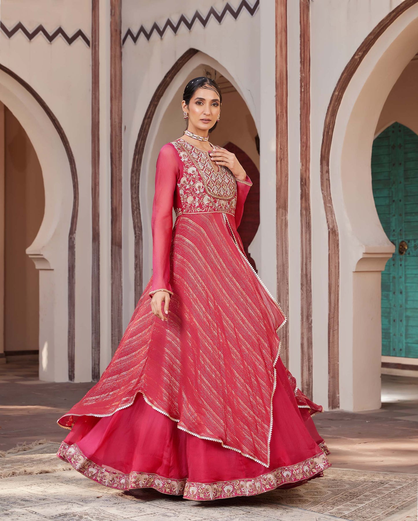 Mughal Red Raw silk Hand Embroidered Gown for Sangeet