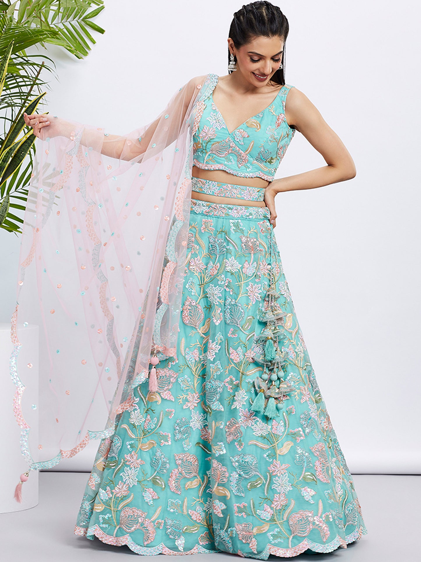 Turquoise blue Net Sequins and thread embroidery Lehenga