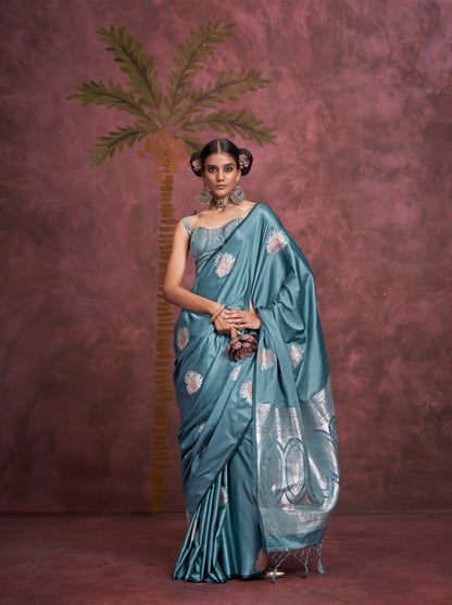 Teal Blue Kanthkala Satin  Silk Handloom Banarasi Zari Weaving Saree