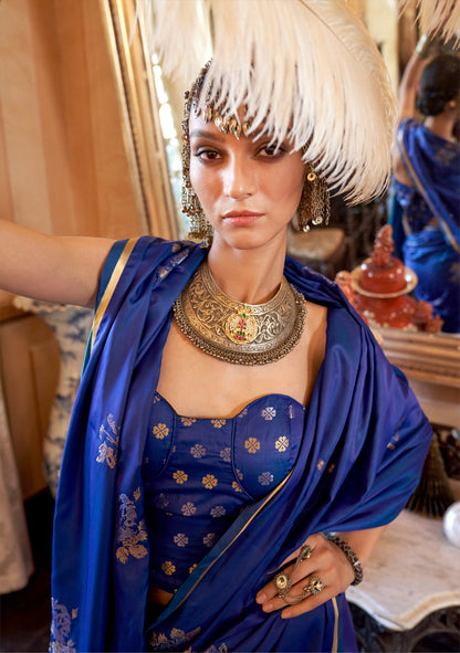 Royal Blue Kanthkala Satin Silk Handloom Saree