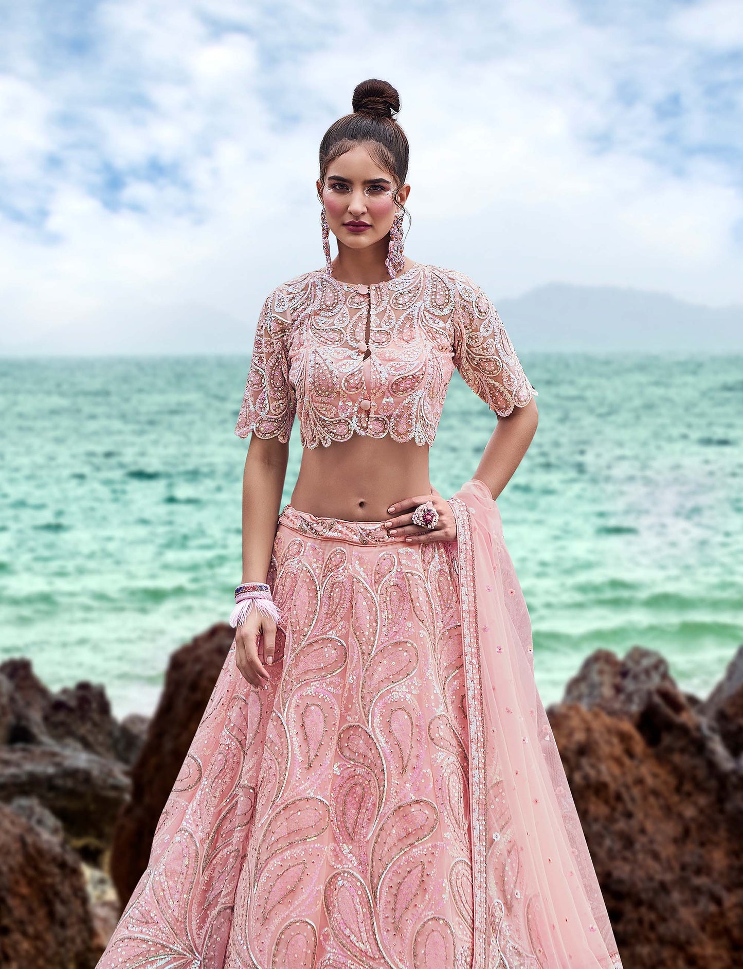 Coral Net Multi Sequins with heavy Zarkan embroidery Lehenga