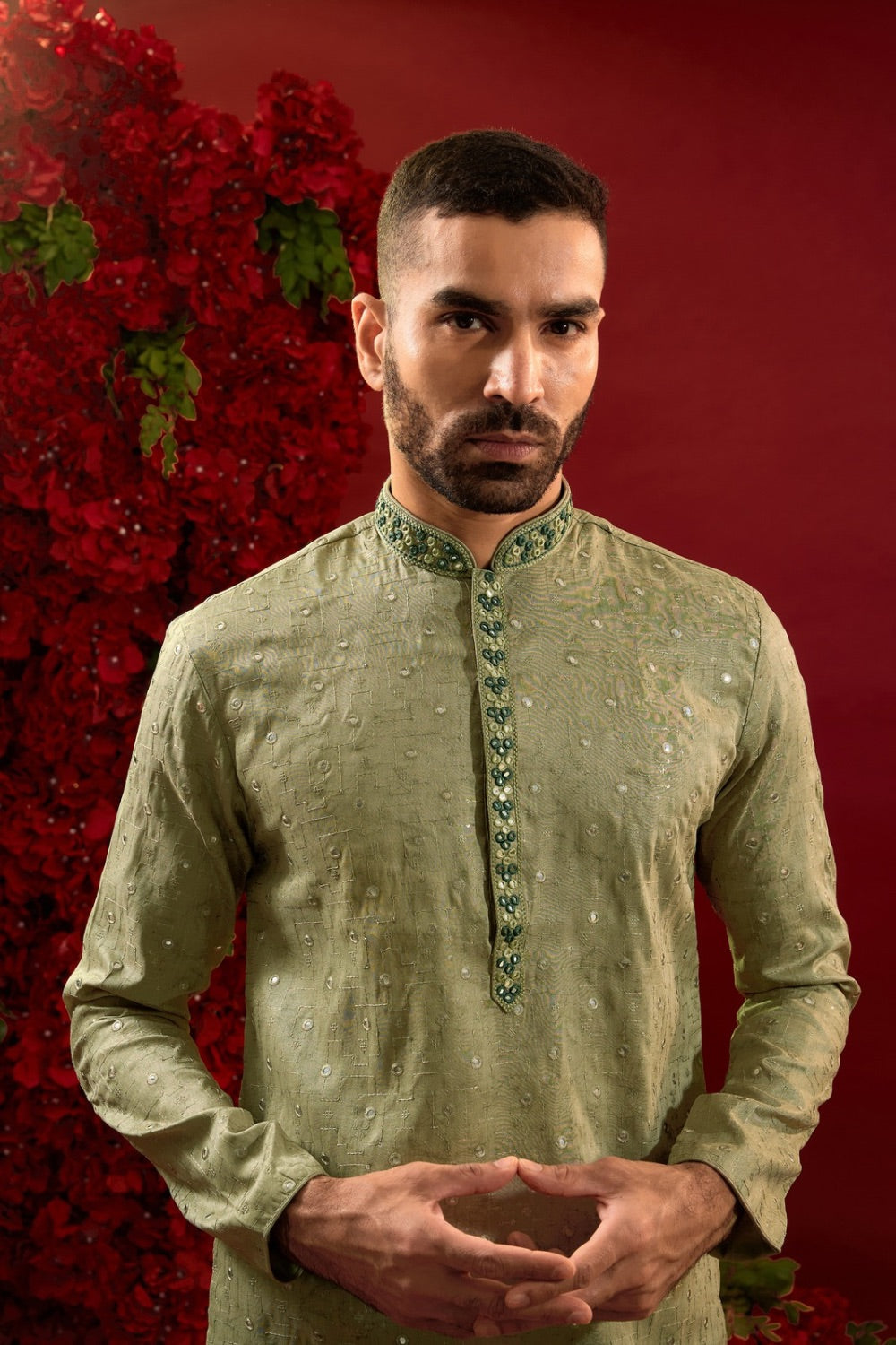 Ombre green silk kurta & pajama with hand and machine work