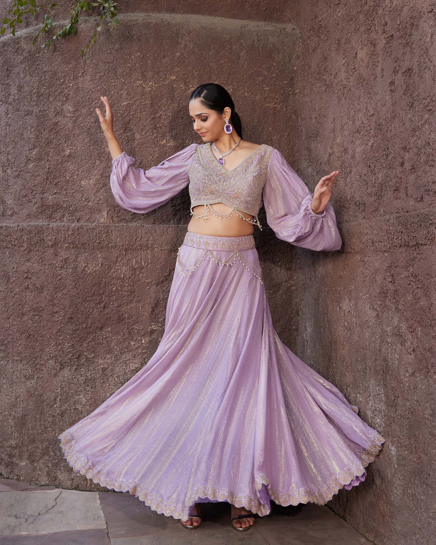Art Deco Mauve Shimmer Hand Embroidered Party Lehenga