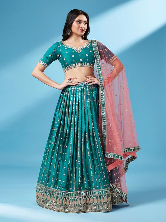 Green Pure Georgette Sequins Embroidered Semi-Stitched Lehenga