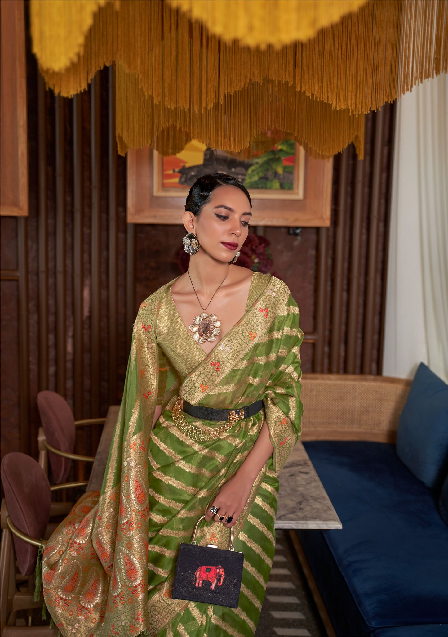 Olive Green Kahana Organza Meenakari Saree