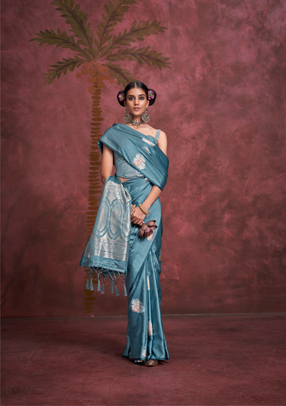 Teal Blue Kanthkala Satin  Silk Handloom Banarasi Zari Weaving Saree