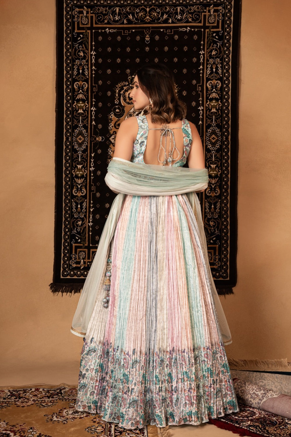 Multicolour pastel crepe silk lehenga choli with print and machine work