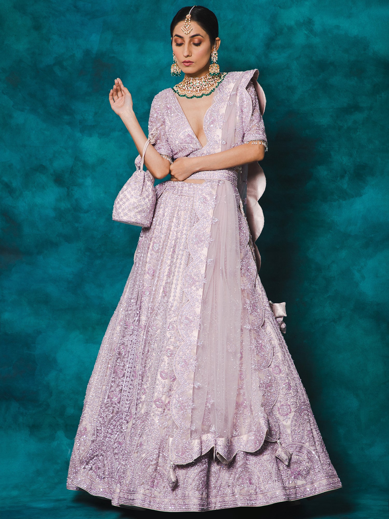 Lilac Color Stones & Pearls Embroidery Net Bridal Lehenga