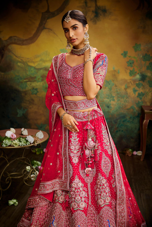 Red Pure Silk Moti & Zarkan heavy embroidery Lehenga