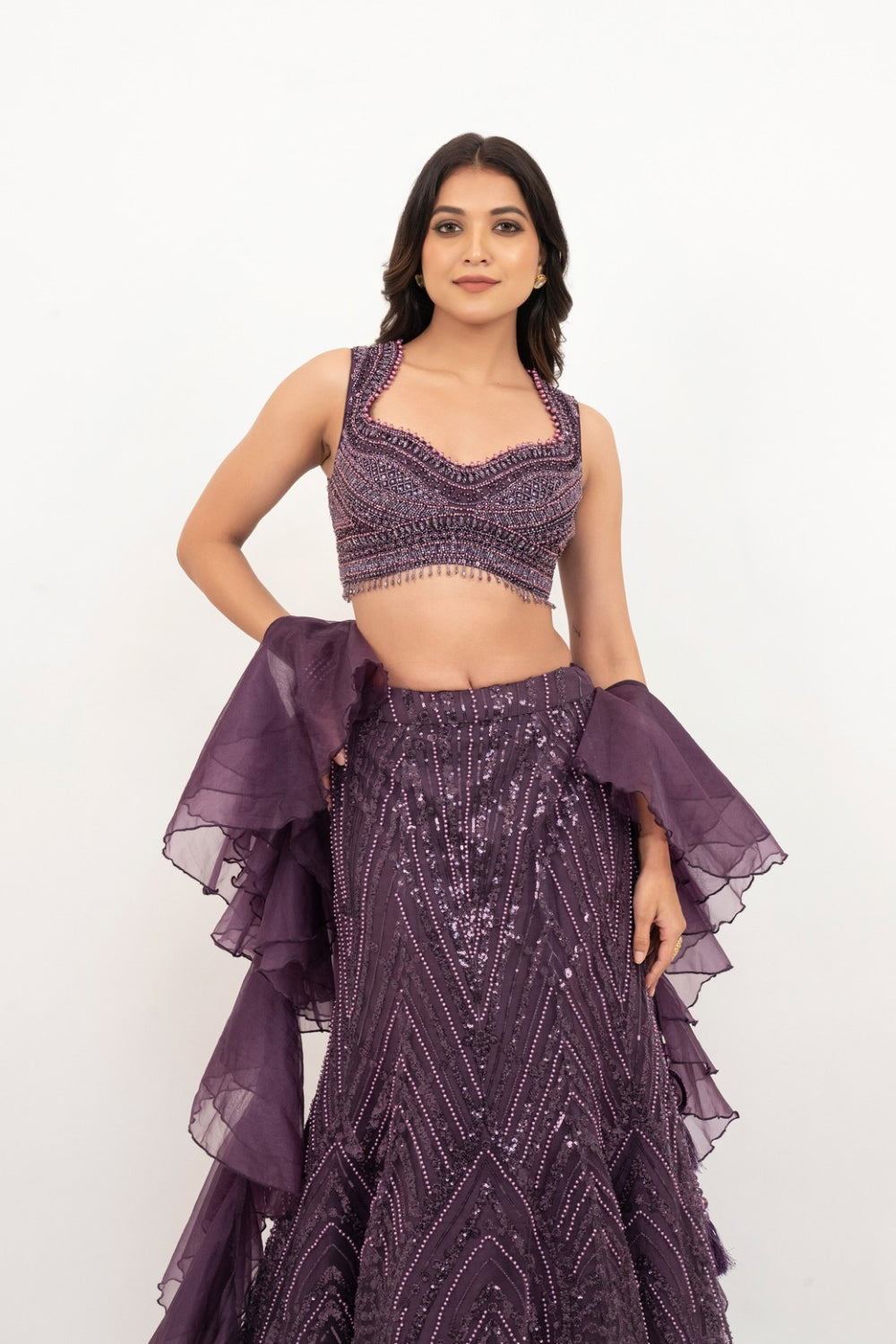 Plum net lehenga choli with sequins and hand cut dana work