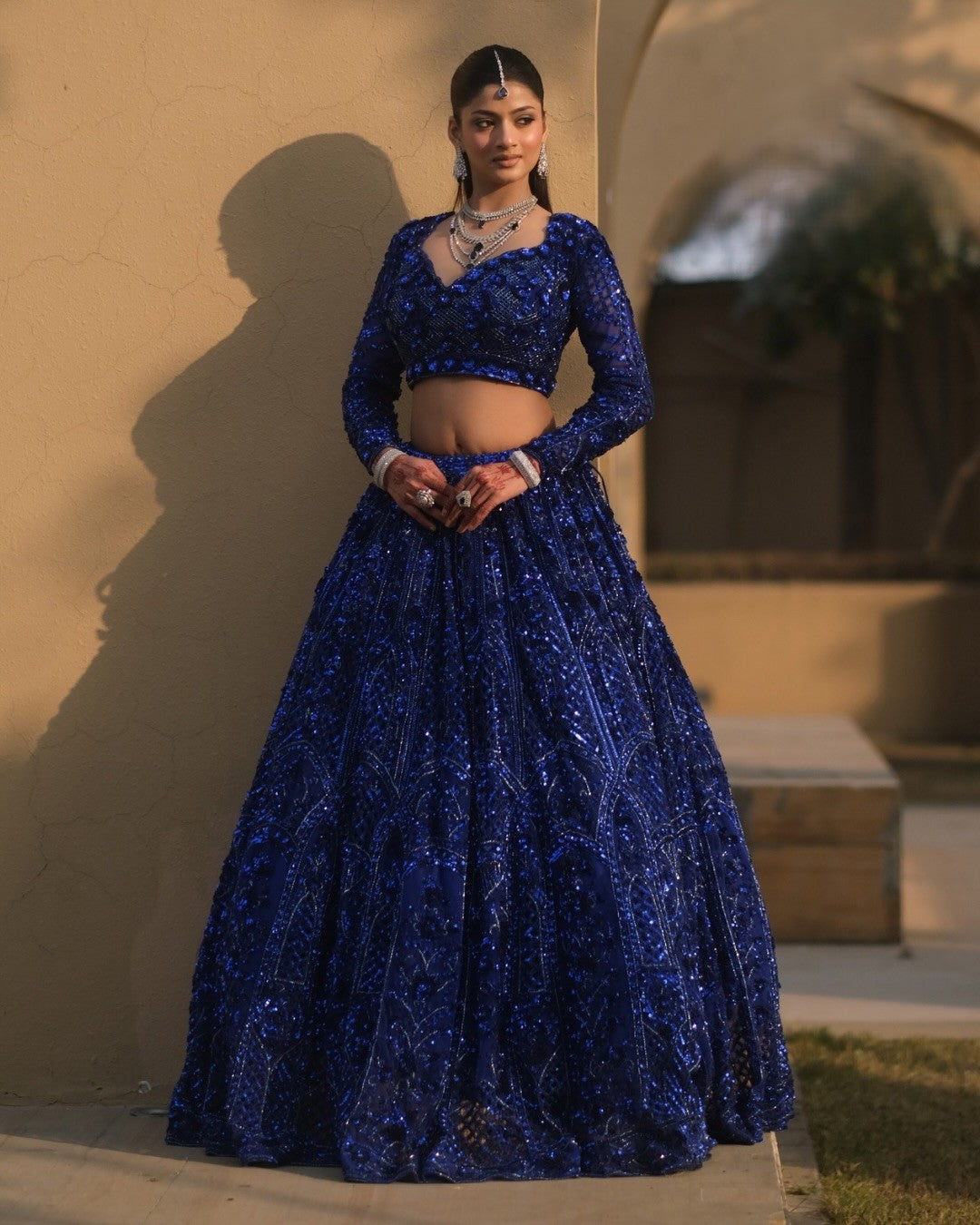 Royal Blue Net with Floral Embellishments Wedding Lehenga for Sangeet