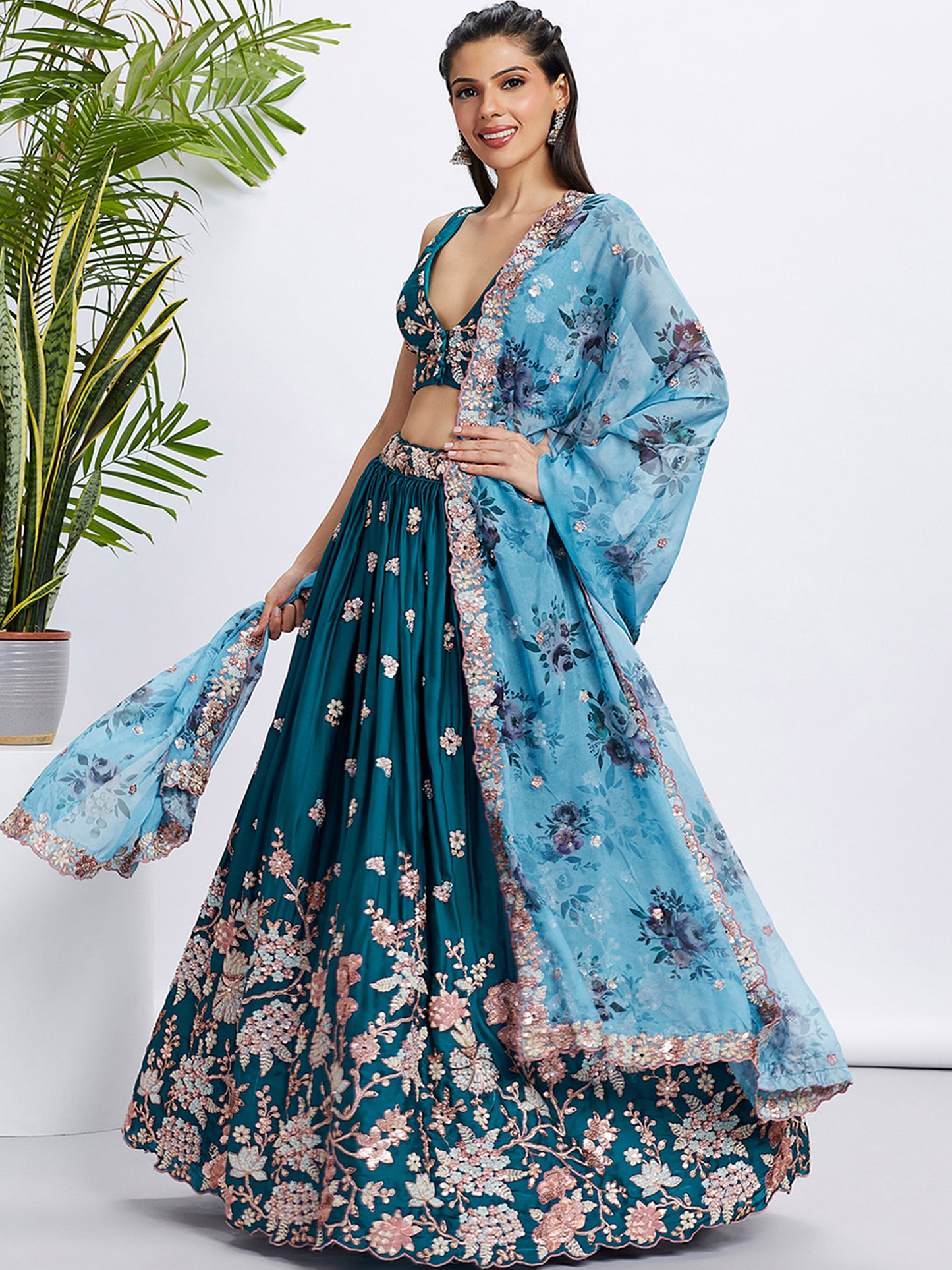 Teal Pure Georgette Sequins and thread embroidery Lehenga