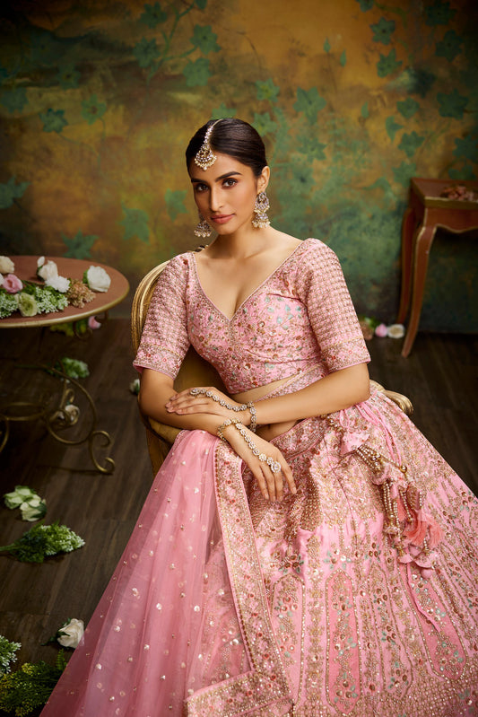 Coral Pure Silk Moti & Zarkan heavy embroidery Lehenga