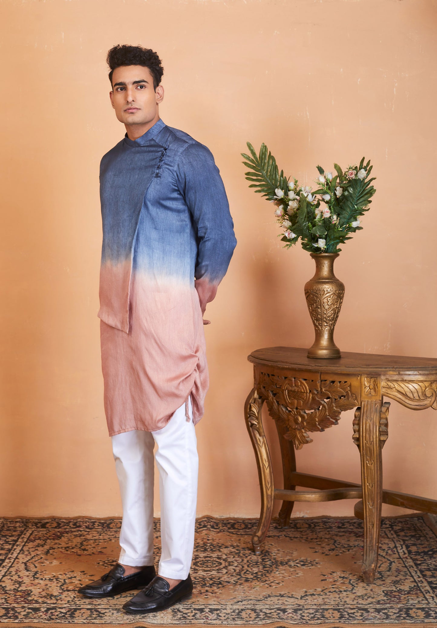 Teal Blue & Peach Raw Silk Stylish ( only Kurta )