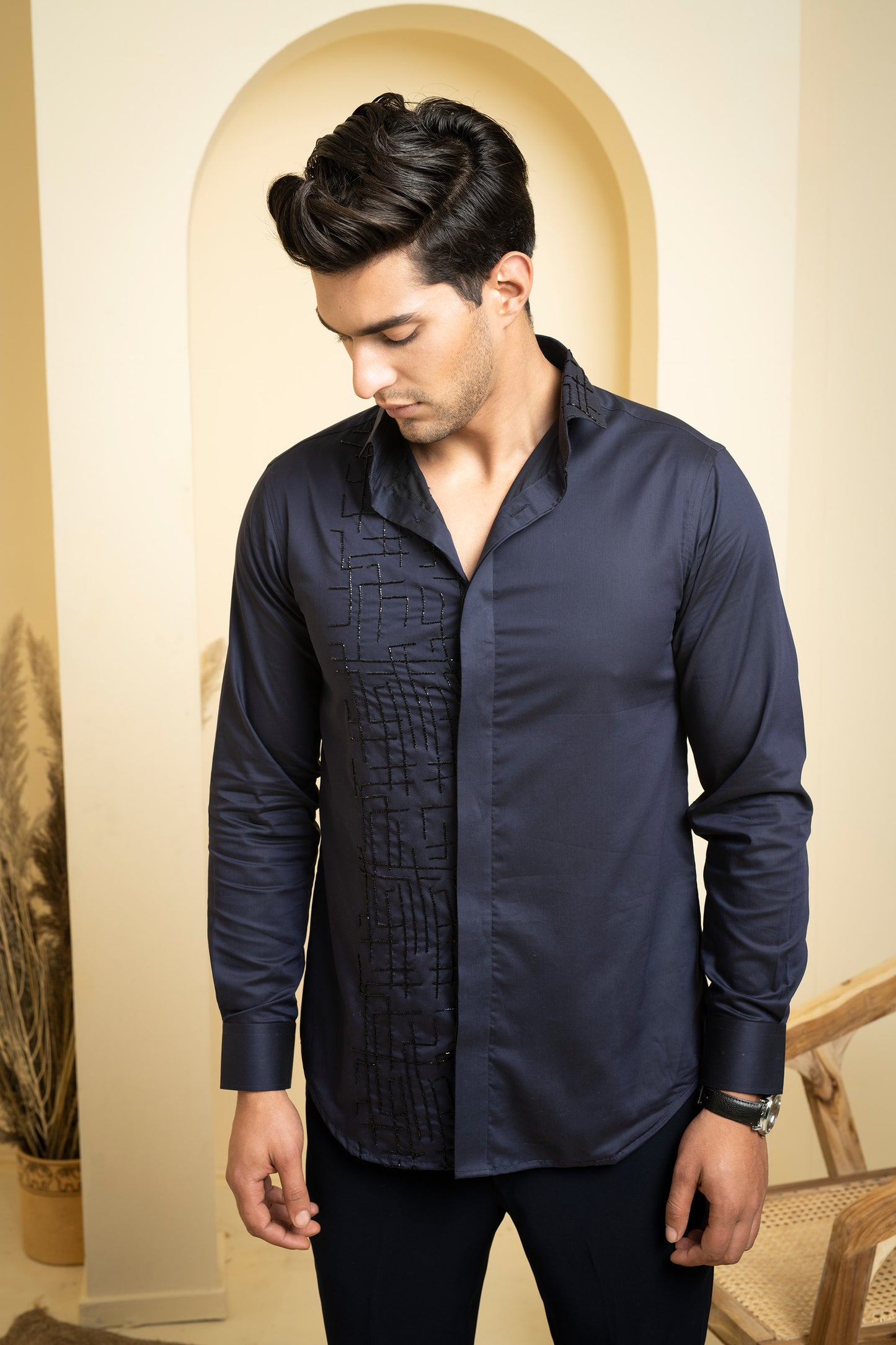 Black Premium Giza Diam Intricate Embroidered Shirt