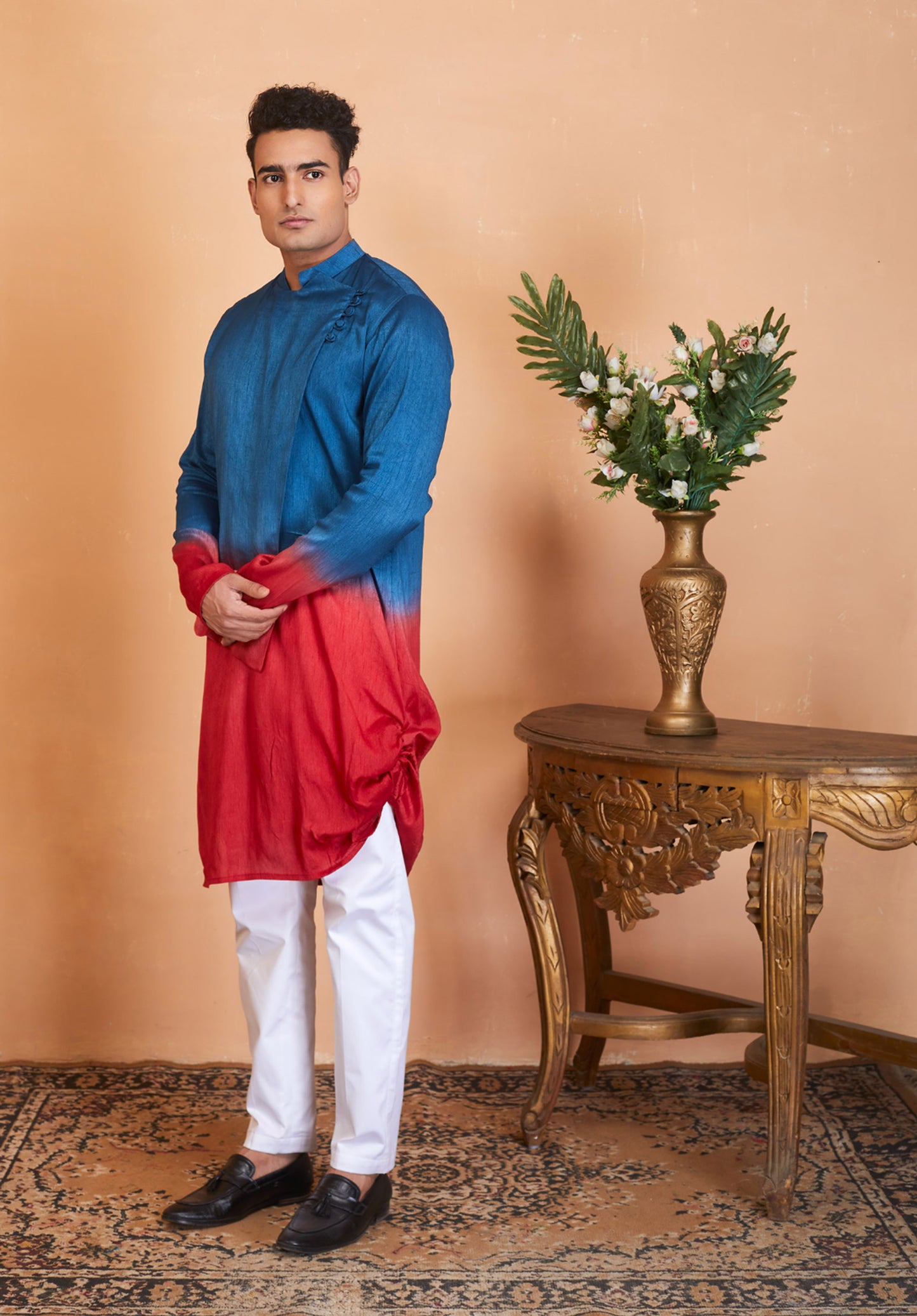 Teal Blue & Maroon Raw Silk Intricate Embroidered Festive ( only Kurta )