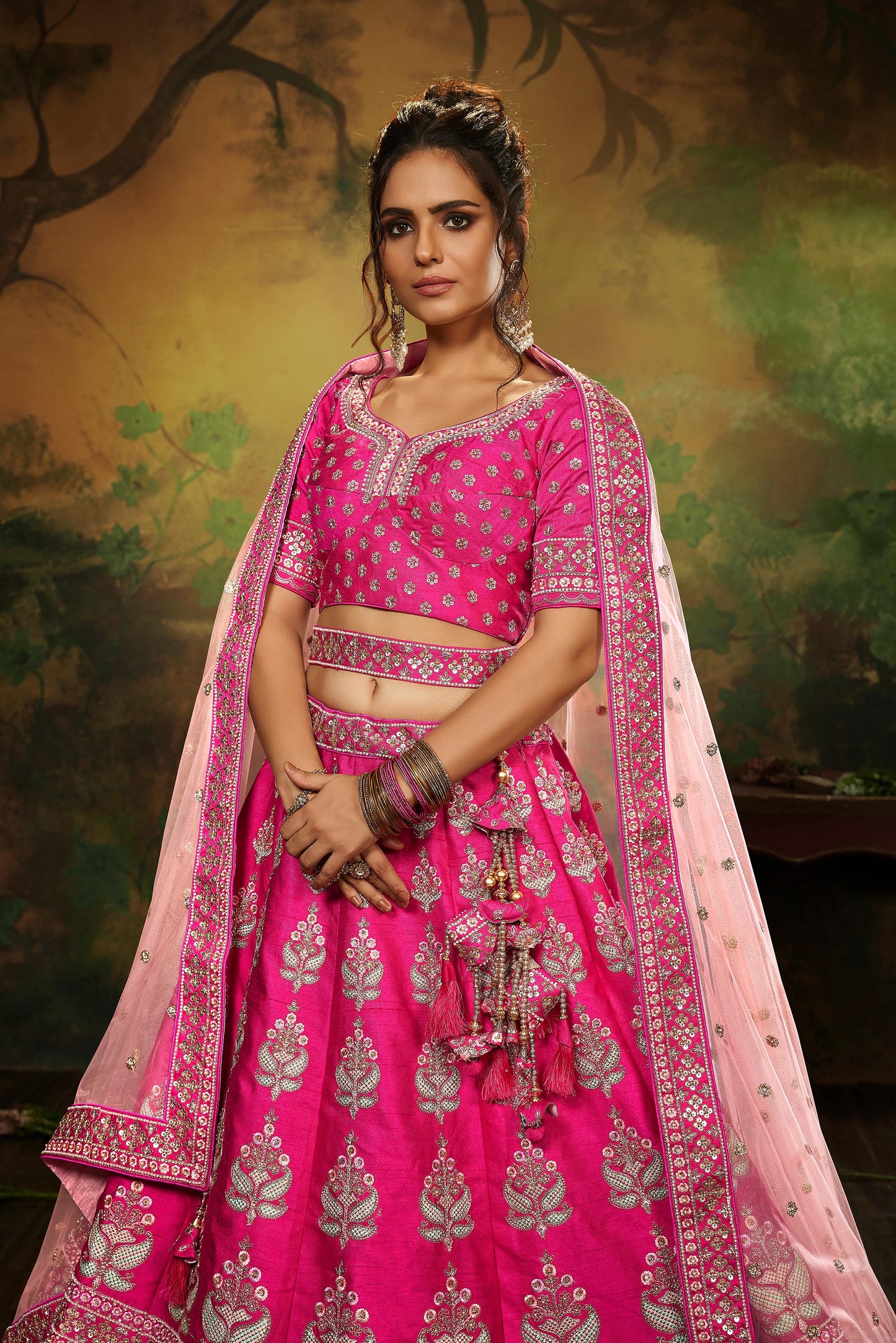 Pink Pure Silk Moti & Zarkan heavy embroidery Semi-Stitched Lehenga choli & Dupatta