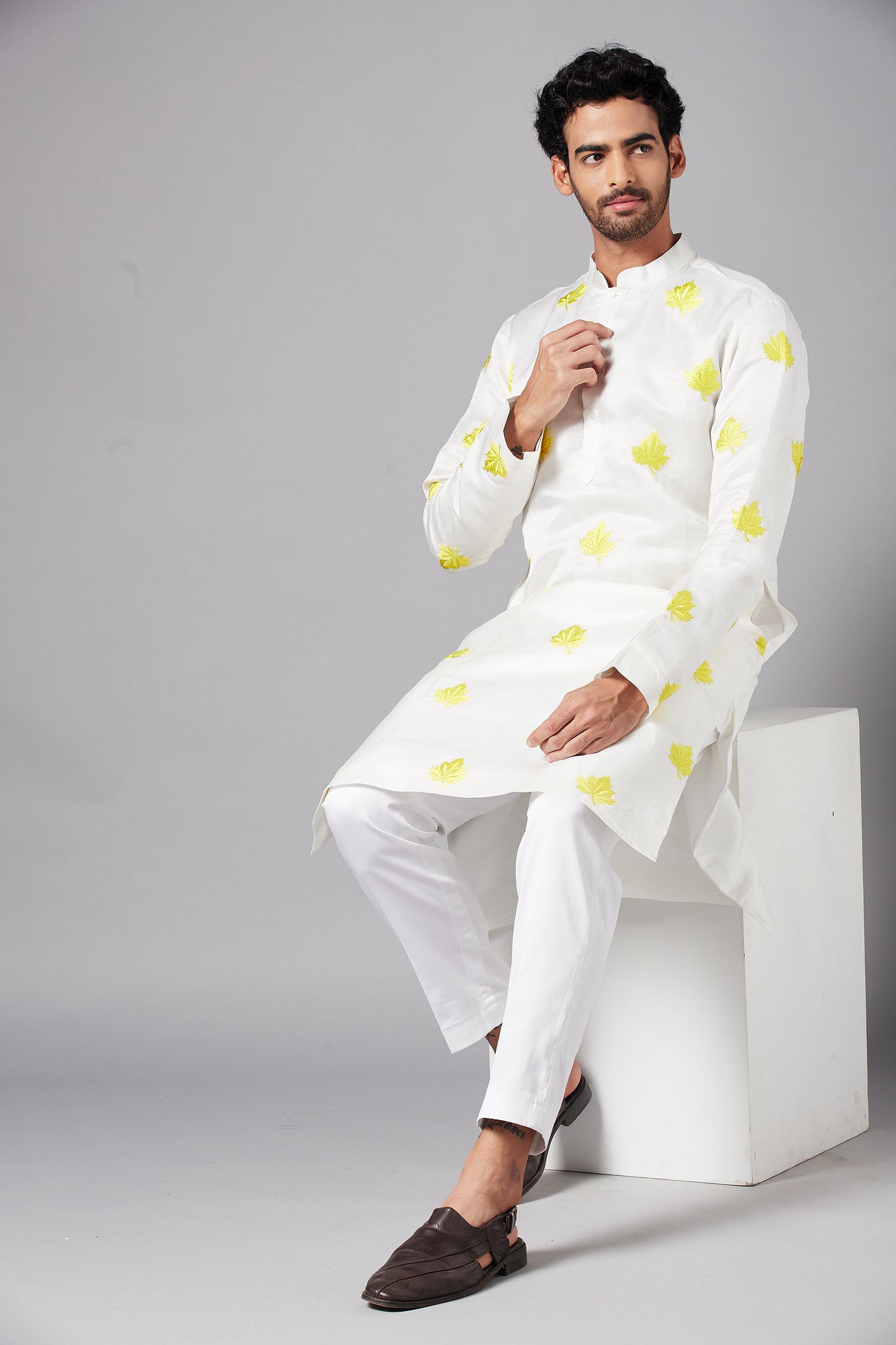 White Linen Satin Motif Embroidered Festive ( only Kurta )