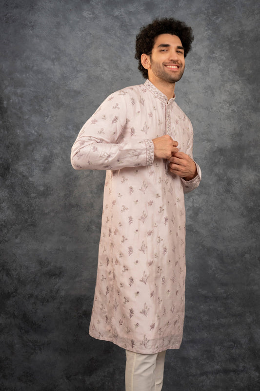 Cream silk kurta set with resham embroidery and sequins work