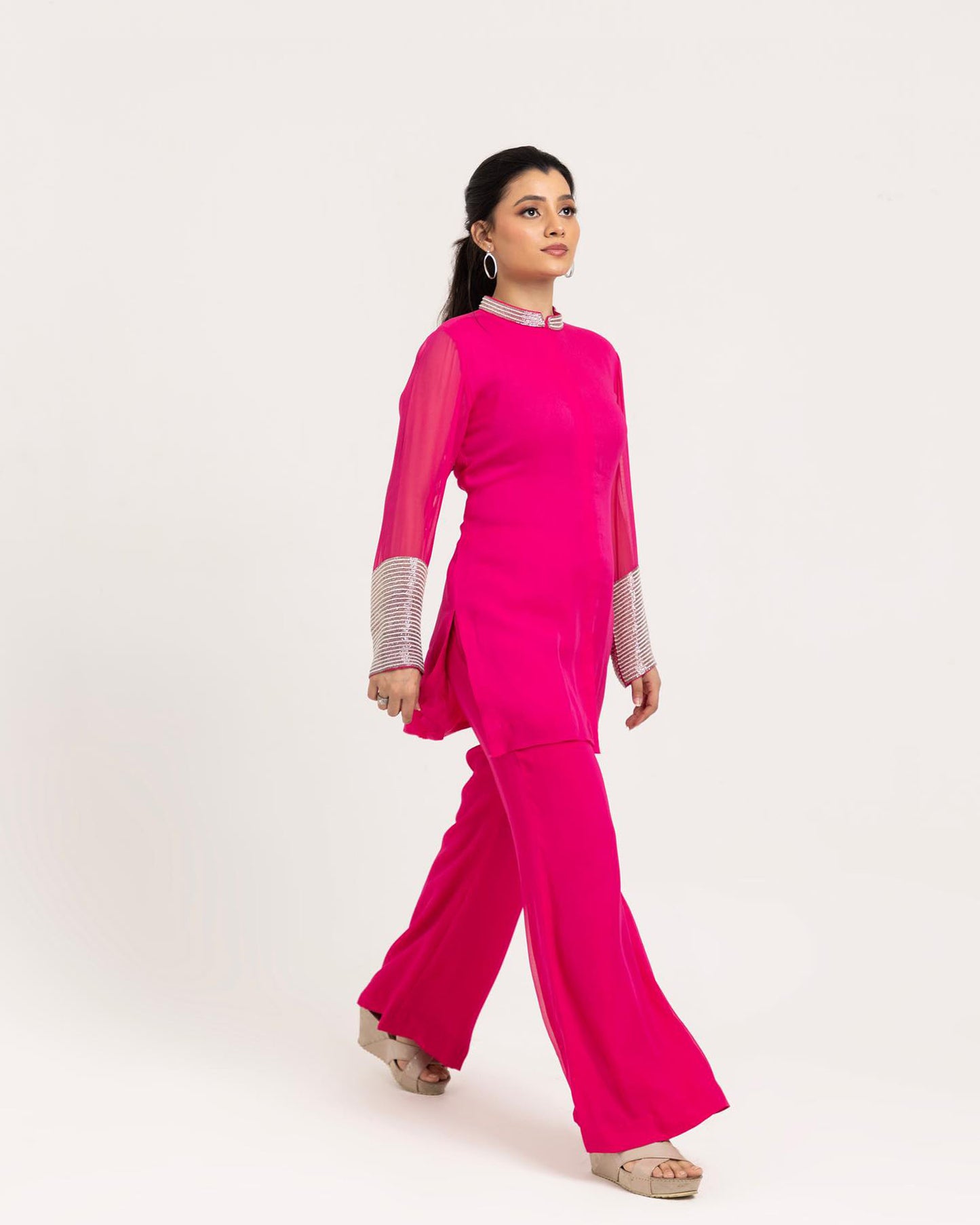 Hot pink Georgette Cutdana Embroidered Festive coord set