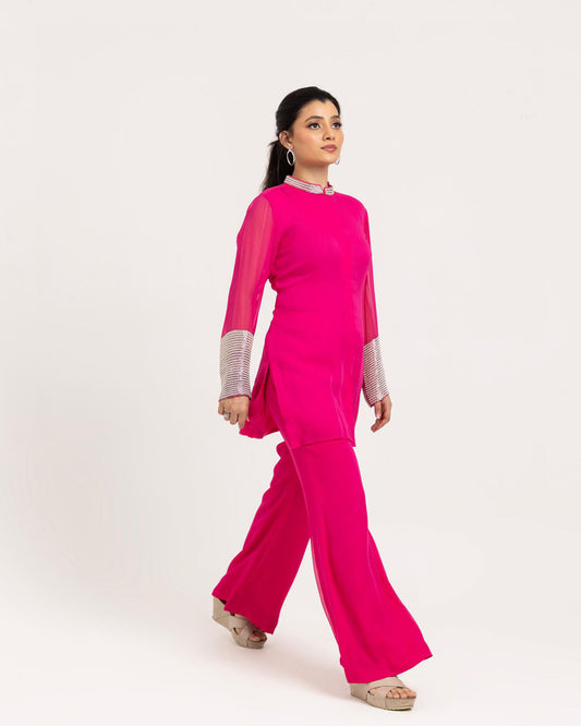 Hot pink Georgette Cutdana Embroidered Festive coord set
