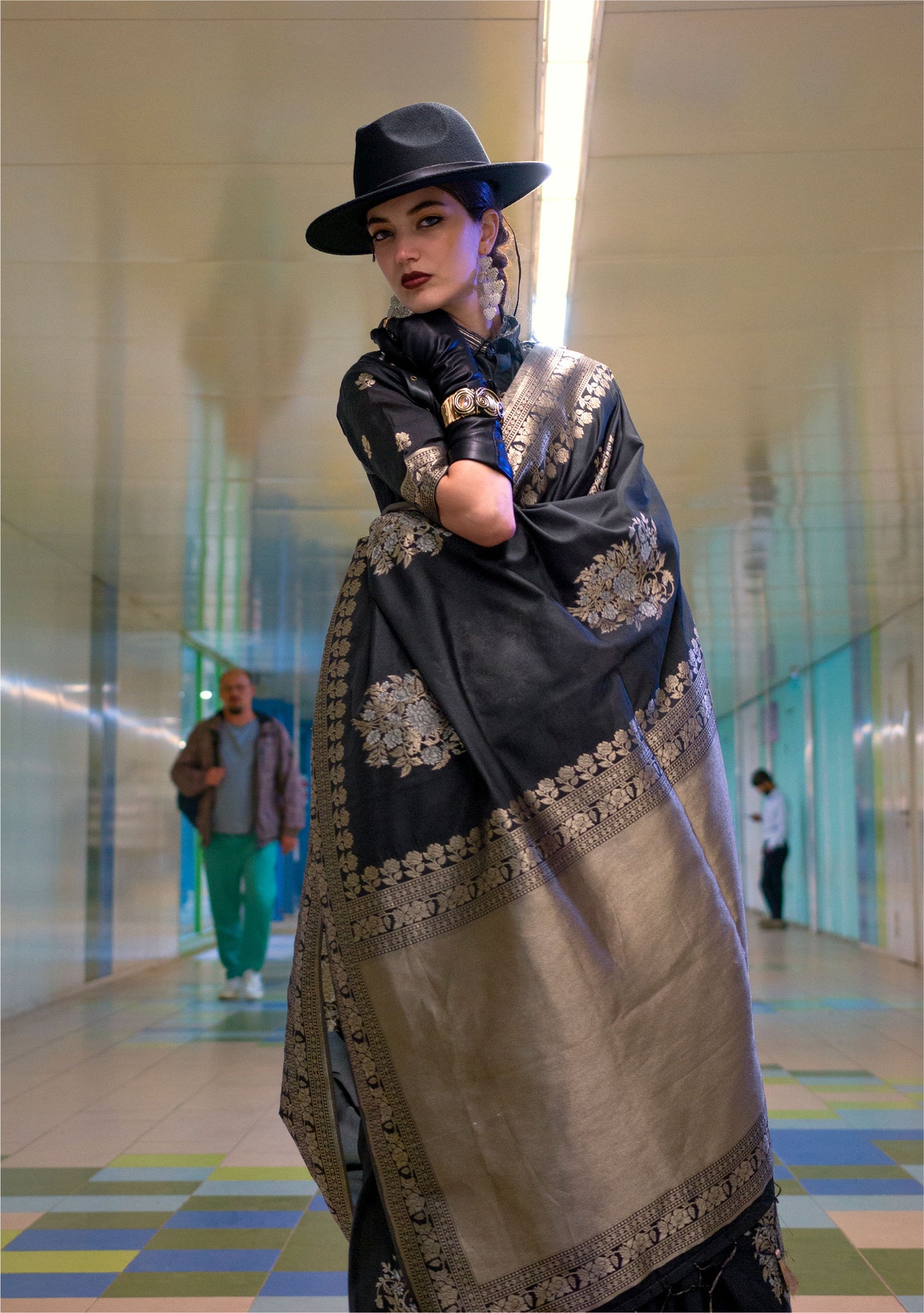 Black Kyoto Habutai Silk Handloom Saree