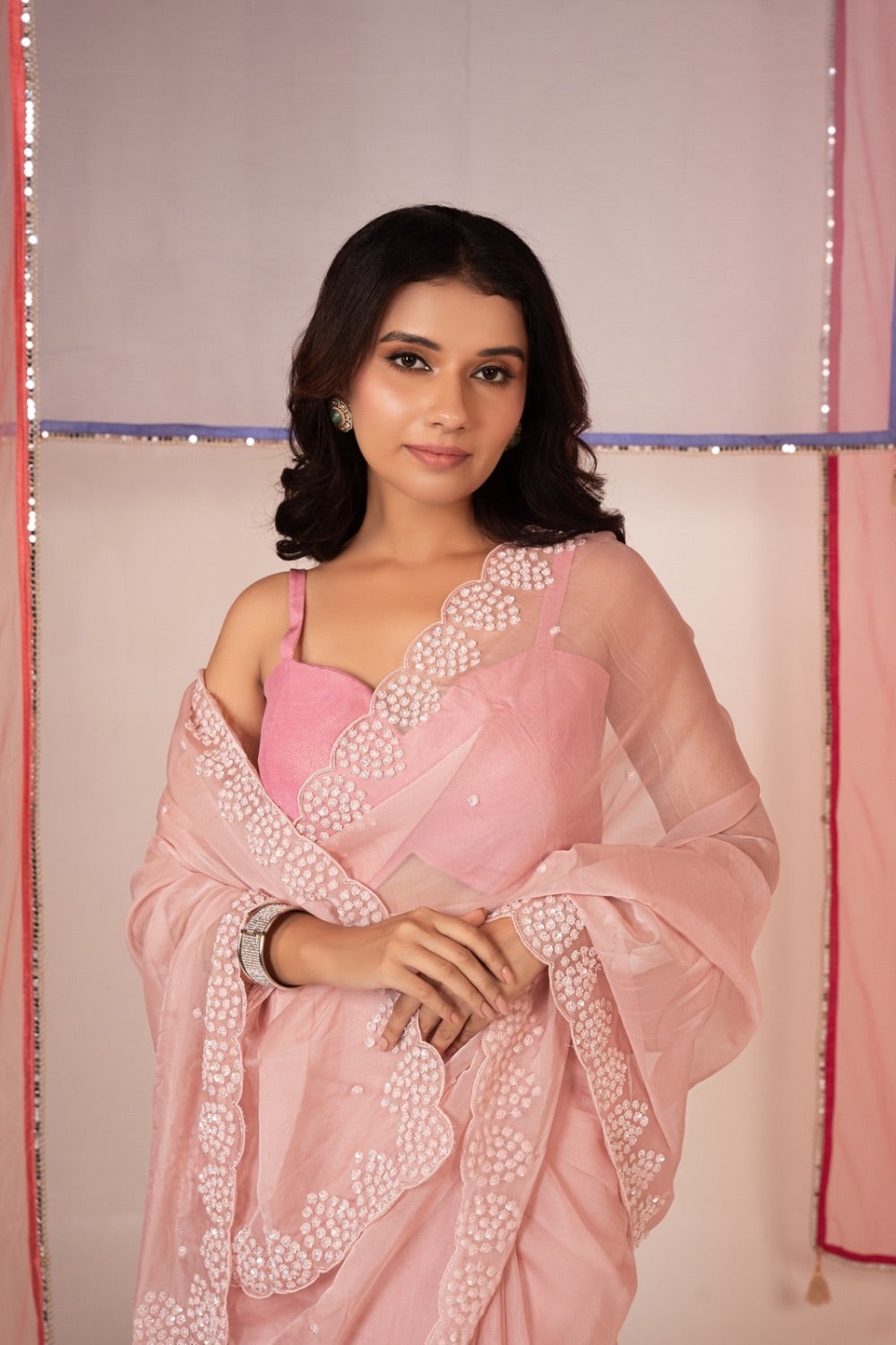 Baby pink tissue silk saree and unstitched blouse piece