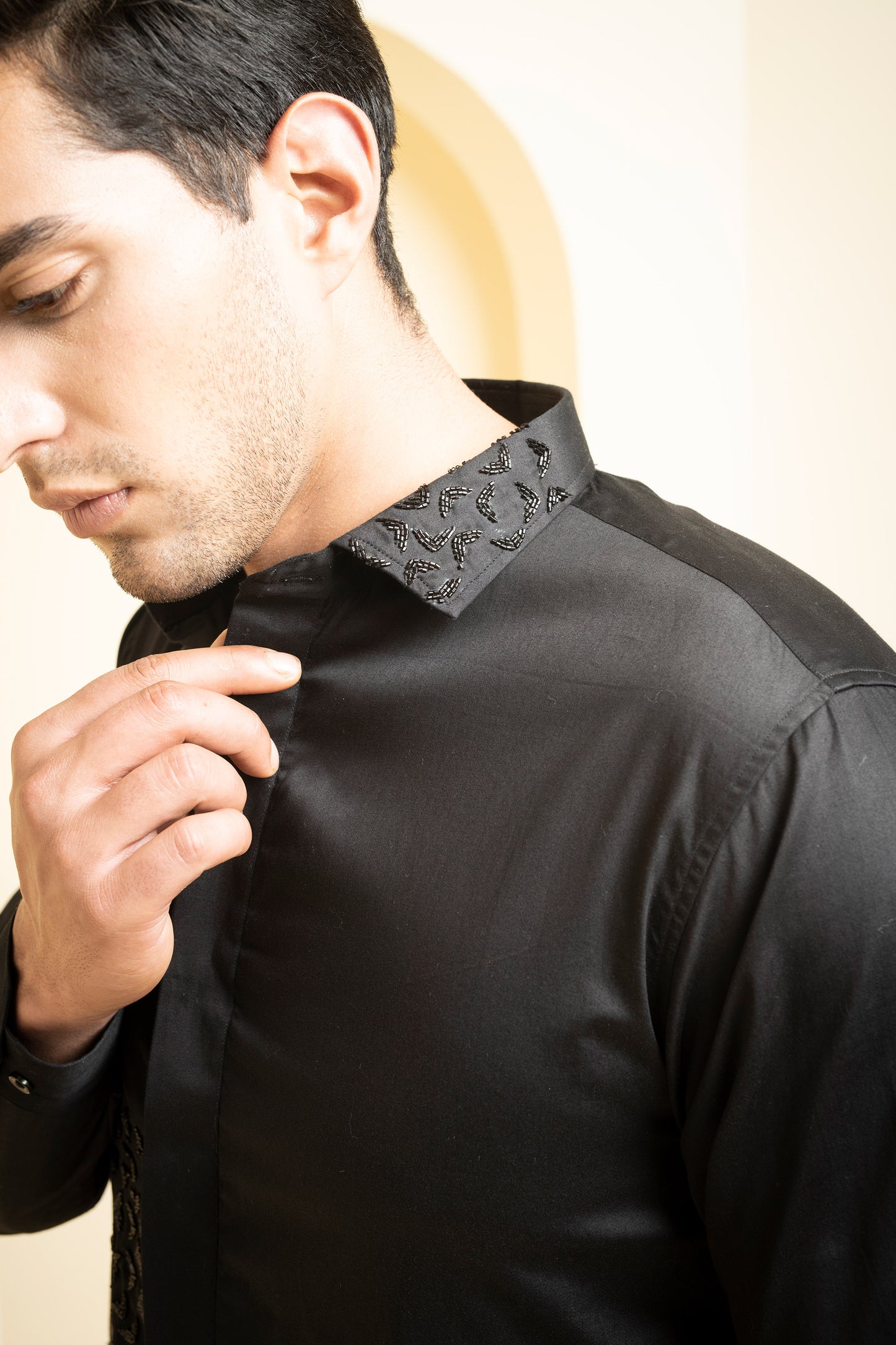 Black Cotton satin Awel Party Wear Shirt
