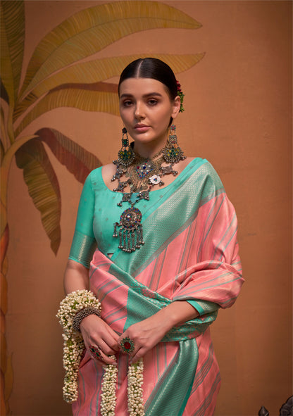 Pink and Turquoise Kalamari Handloom Silk Saree