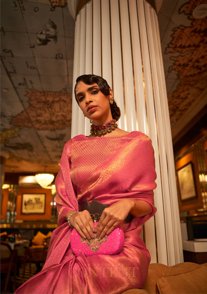 Pink Kumbal Silk Nylon Satin Zari woven saree