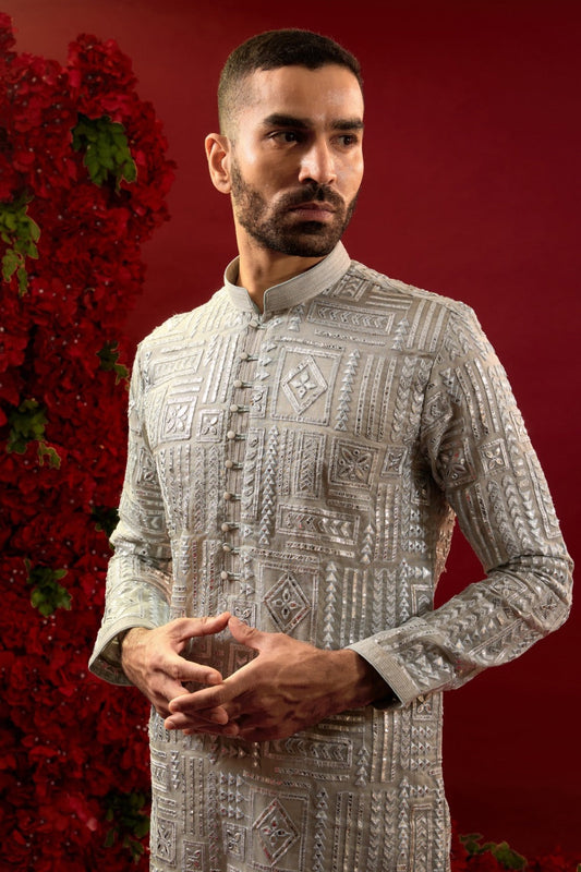 Silver silk kurta & pajama with machine work