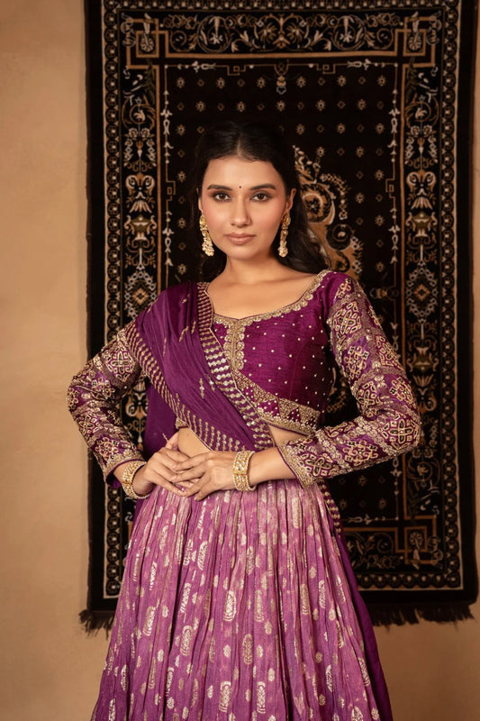 Raisin purple soft silk lehenga choli with cut dana work