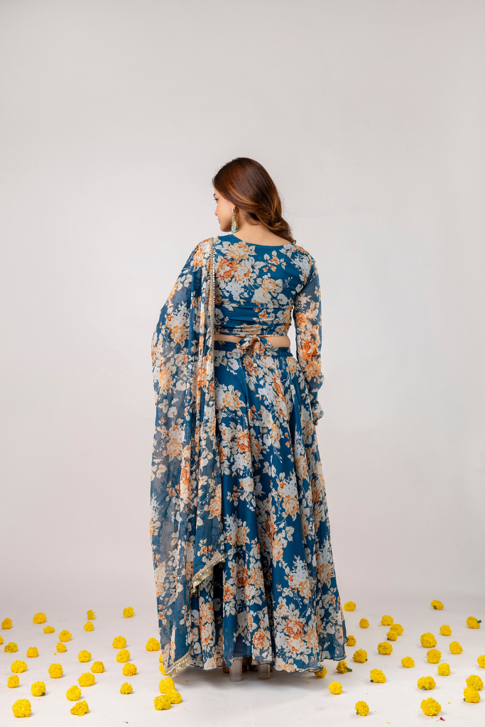 Neelima Blue Chiffon Floral Festive Lehenga Skirt