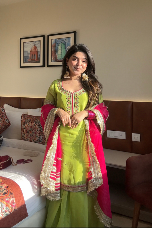 Khwahish Neon Green Organza Mirror Work Sharara Set