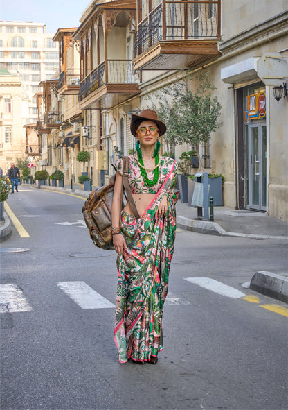 Flora Green Kolombus Satin Georgette Printed Saree
