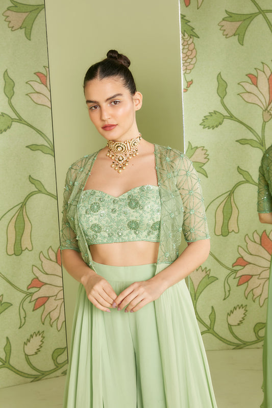 Indo Western Georgette Sage Green Hunar Jacket Set