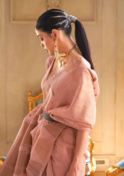 Peach Kyaari Silk Tissue Zari Khicha Zari Handloom Saree