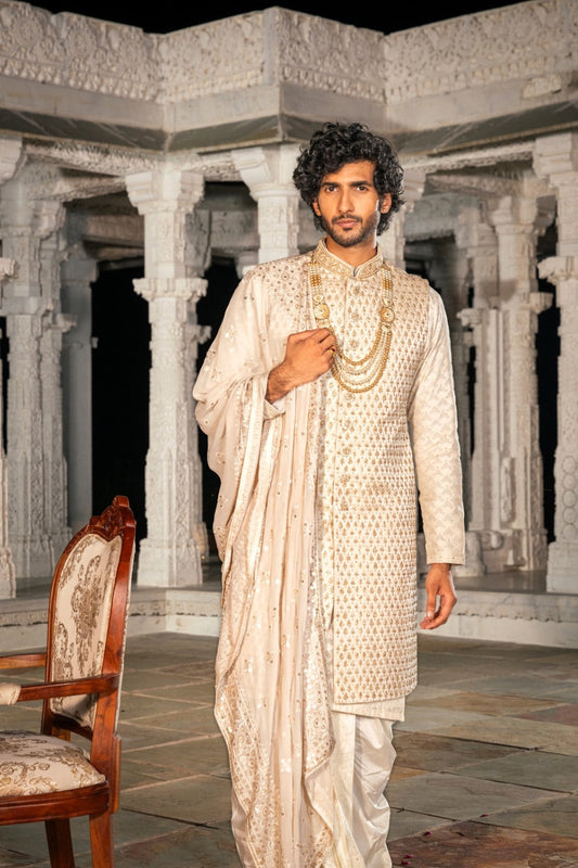 Ivory silk sherwani with hand and machine work