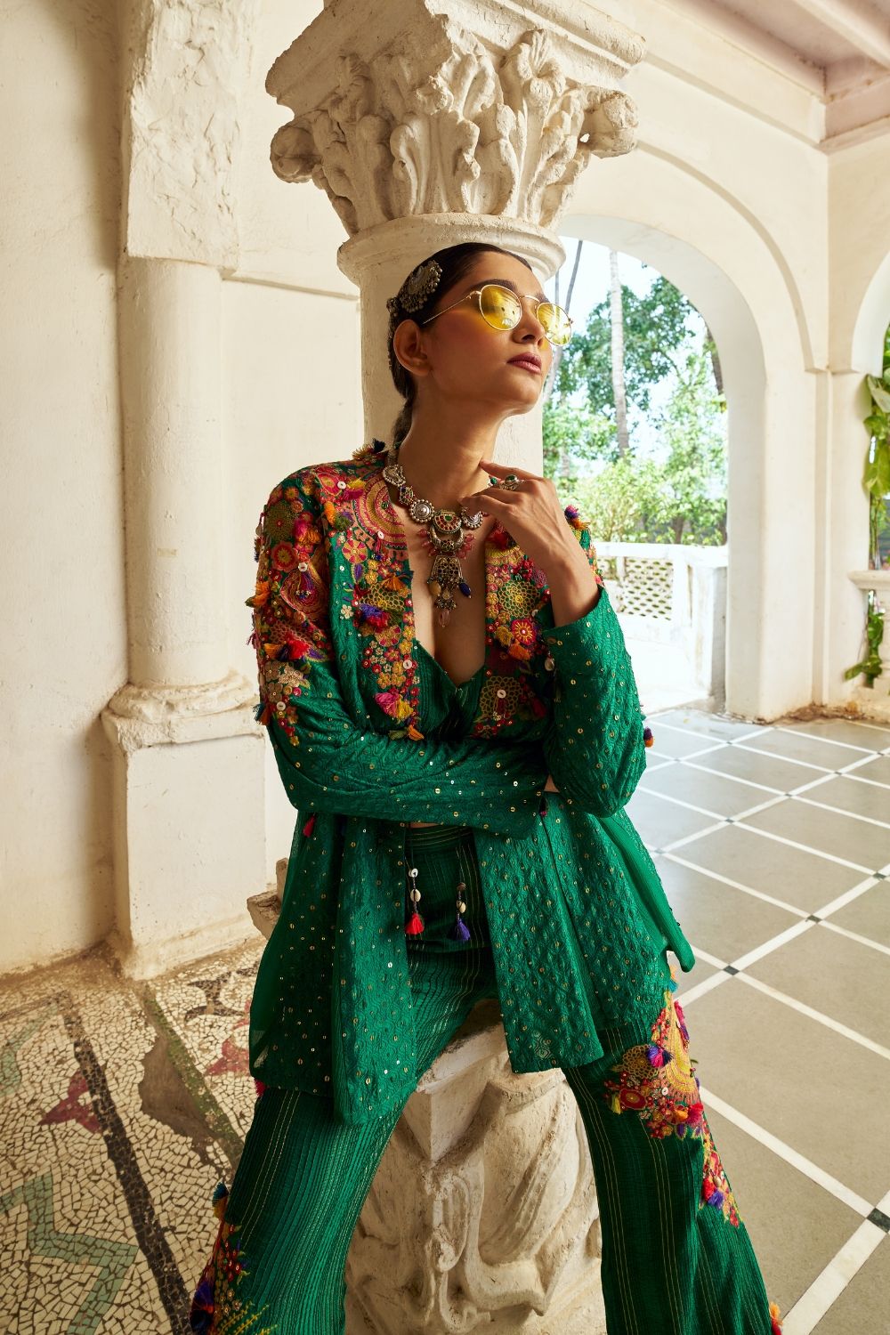 Dark Green silk Indo Western with multicolour threadwork – Mohi fashion
