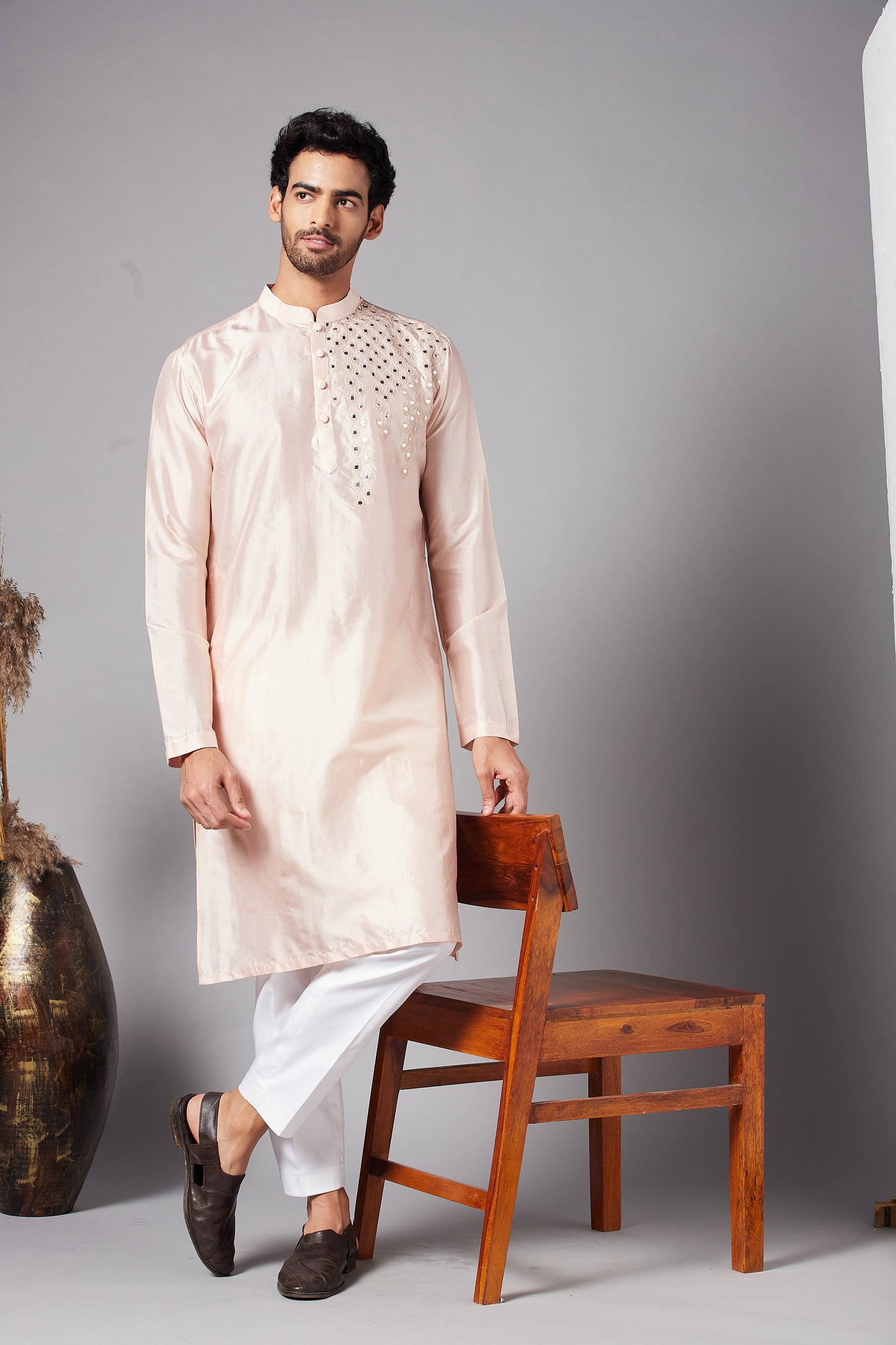 Peach Dupion Silk Mirror Work Festive ( only Kurta )