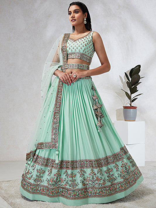 Sea Green Georgette Sequins and thread embroidery Lehenga